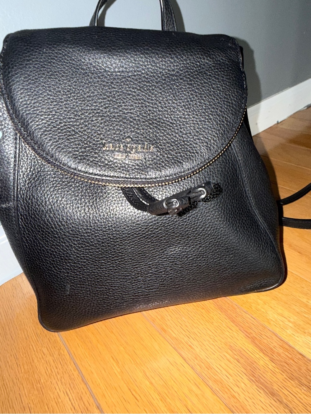kate spade Black Pebbled Leather Mini Backpack with Gold Logo